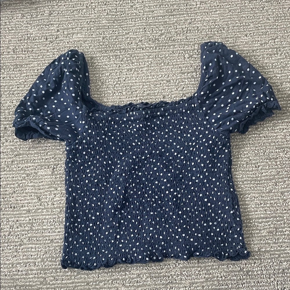 American Eagle Outfitters Navy and Light Blue Polka Dot Smocked Crop Top